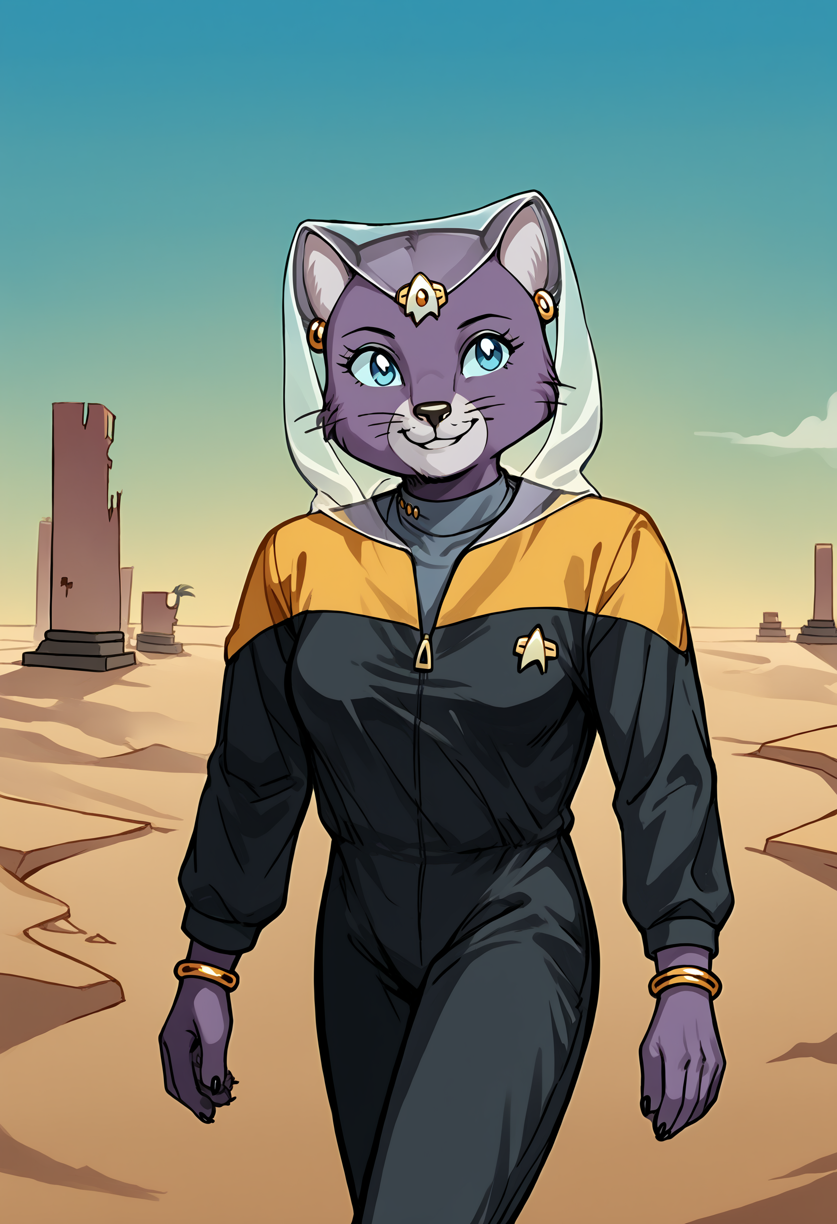 score_9,score_8,score_7,source_furry,princess_romy, romy_panther, romy_wily_fog, smile, blue eyes, cat, bracelet, 1girl, hood, solo, jewelry, whiskers, furry, forehead jewel,
<lora:Princess_Romy_Pony_SDXL>
on a desert,desert scenery,on a mound,ruins,
voyunf, yellow star trek uniform,yellow shoulders,long black sleeves,black pants,black jumpsuit,grey Vneck<lora:VoyPony>
