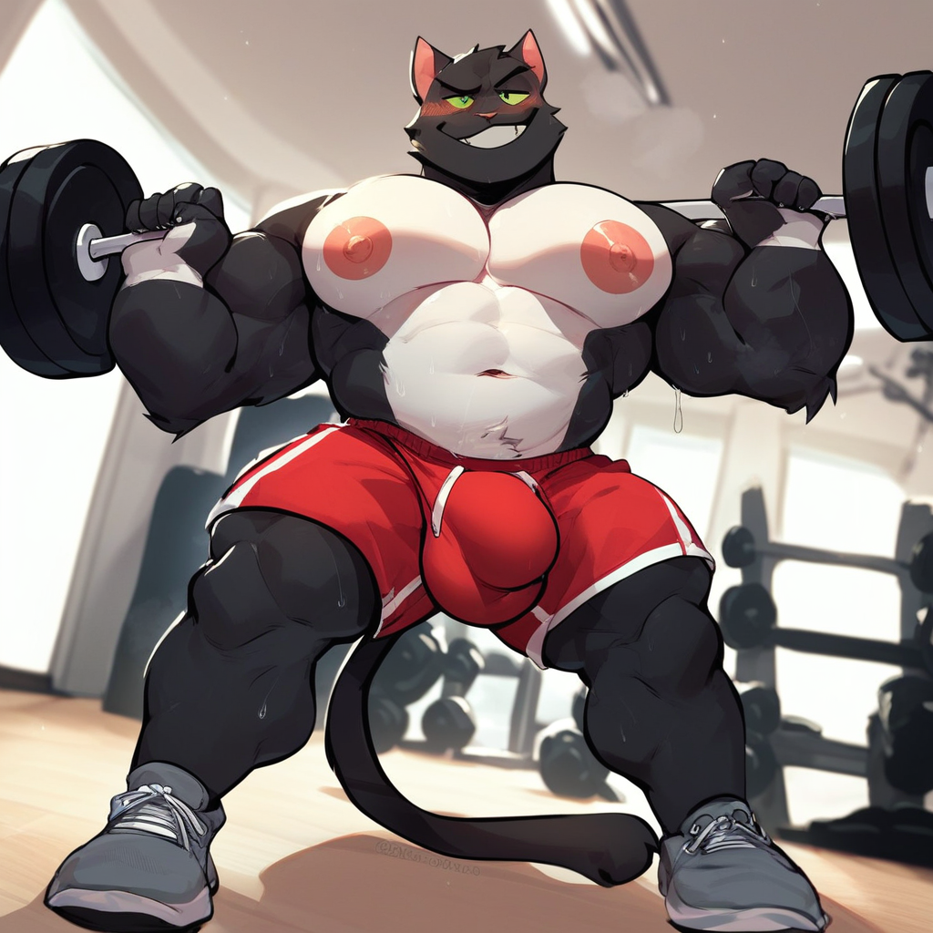 score_9, score_8_up, score_7_up, 2k, 4k, high res, 2d (artwork) cartoon style, Mango_JuiceBara, Male Focus, no humans, 1boy, solo, furry, anthro, domestic cat, black body, green scelera, no tail, smirking, naughty expression, bara, older, mature, male, thick thighs, wide hips, voluptuous, blushing, sexy, standing, large bulge, red gym shorts, shirtless, gray shoes, muscular male, fat, large pectorals, large nipples, inside, gym, bright room, weights, exercising, weightlifting, dumbbells, holding dumbbells, dumbbell in right hand, dumbbell in left hand, flexing, sweaty, musk clouds, solo, score_9, score_8_up, score_7_up, score_6_up, score_5_up, score_4_up, top pov