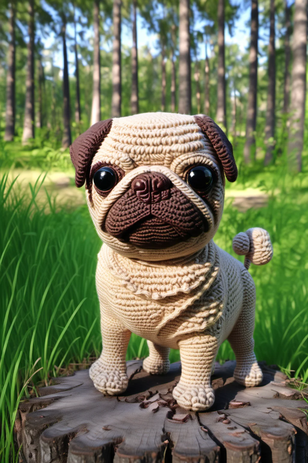 BJ_Sewing_doll, pug, solo, looking_at_viewer, standing, full_body, outdoors, day, blurry, black_eyes, tree, no_humans, blurry_background, grass, stairs, realistic, mushroom, animal_focus, moss,photo,8k,highly detailed,digital photography,hdr,realistic,high definition,<lora:SDXL_Sewing_dol_v2:1>,
