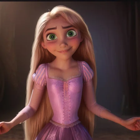 RapTang, 1girl, solo, blonde hair, long hair, green eyes, big eyes, 4K, best quality, cinematic light, disney, full body, dance, smile, happy