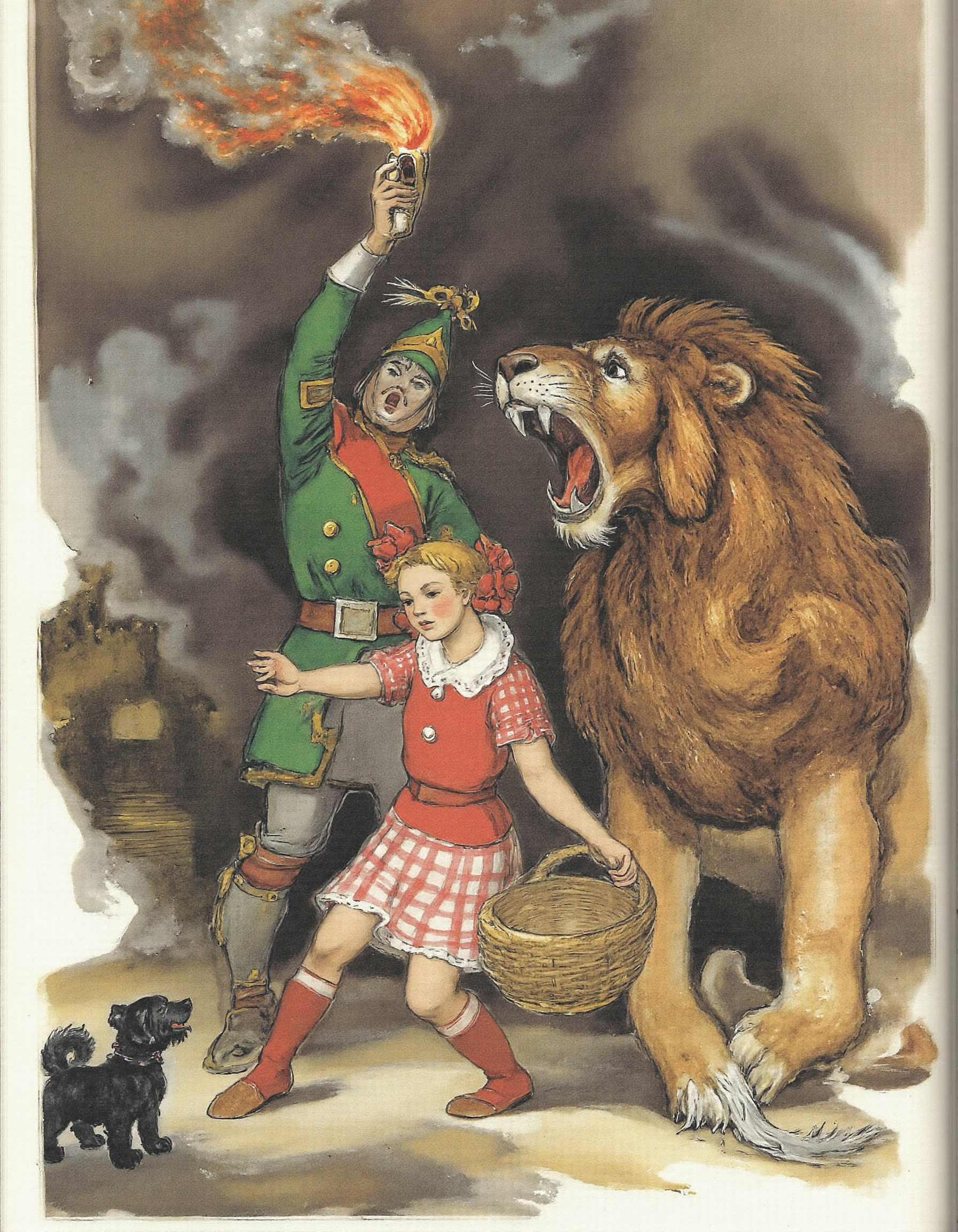 <lora:lv:1>, This image is a watercolor painting depicting a dramatic scene from a historical or fantasy setting. The central figure is a man dressed in a green military uniform with a red sash, standing on the left side of the image. He holds a torch high in his right hand, which is ablaze with a bright flame, casting a warm glow around him. His left hand rests on the shoulder of a young girl dressed in a red and white checkered dress, who is holding a basket. Behind them, a large, roaring lion stands on the right side of the image, its mane flowing and its mouth open, emitting a fiery breath. The lion is positioned to the right of the man, and the girl is positioned slightly behind the man. In the foreground, a small black dog stands, looking up at the man. The background is a mix of dark and light tones, suggesting a night or stormy scene, with swirling clouds and a hint of a dark, ominous sky. The textures in the painting are soft and detailed, with a blend of warm and cool colors creating a vivid and dynamic composition. The overall style is reminiscent of 19th-century illustrative art.