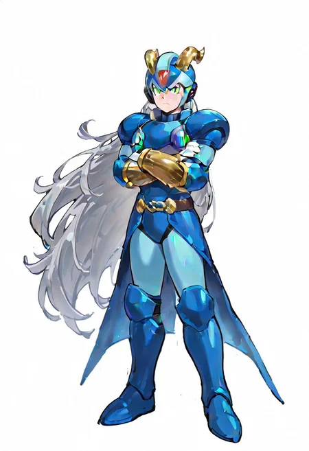 masterpiece, best quality, amazing quality, highres, high resolution, solo, score_9, score_8_up, score_7_up, 1boy, male focus, :green_eyes, blue_helmet, blue_armor, blue_bodysuit, white_gloves, blue_boots, very long hair, grey hair, large pectorals, ex kulve taroth alpha armor, gold horns, gold gauntlets, black knee boots, gold pauldrons, arms crossed, full body,