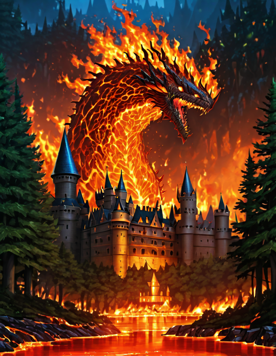 <lora:MW_Minis02xlc:1> m1md, absurdres, blue, bokeh, brown, closeup, epic, epic details, epic scale, fire veins, furious, huge fish monster, green, hid15, lava color, medieval buildings, orange, outdoors, shiny diamonds,  t10, t7, trees, castle,