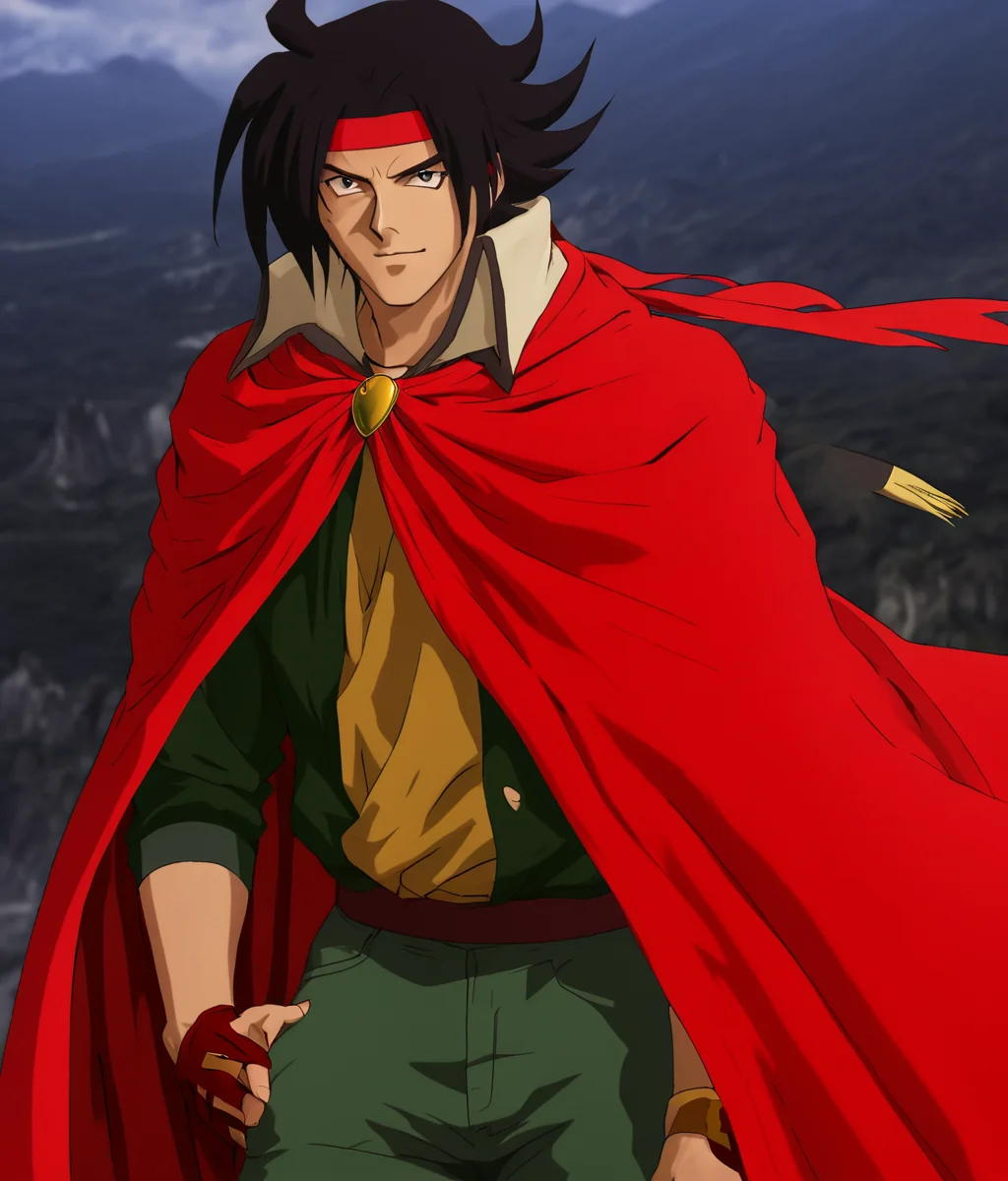 <lora:Domon_Kasshu_from_Mobile_Fighter_G_Gundam:0.9> domon kasshu, anime style, male, wearing red cape, 
hd, high resolution, 4k, 8k, masterpiece