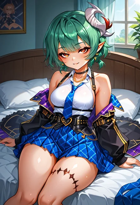<NoahBrown, short green messy hair, red eyes, single white horn, horn over ear, single leg tattoo, stigmata tattoo, official outfit, official outfit, idol clothes outfit, idol Noah>,
<masterpiece, best_quality, newest, absurdres, highres, wind-effect, lens_flare, skindentation, score_9, score_8_up, score_7_up>,
<skindentation, necklace, earnings, shiny_skin, shiny_clothes, depth_of_field, shortstack>
<sensual face, bedroom, sitting in bed, whole body>