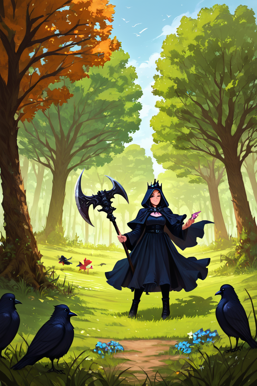 score_9, score_8_up, score_8, medium breasts, (curvy), cute, eyelashes,           BREAK, , BREAK,     holding, standing, weapon, outdoors, multiple boys, sky, hood, holding weapon, tree, bird, animal, grass, crown, nature, scenery, hood up, scythe, field, multiple others, bare tree, crow, holding scythe   <lora:AnatoFinnstarkStyle_PDXL:1.0>,      embedding:zPDXL, Expressiveh, <lora:SDXLFaeTastic2400:0.5>,  <lora:Expressive_H-000001:0.4>,