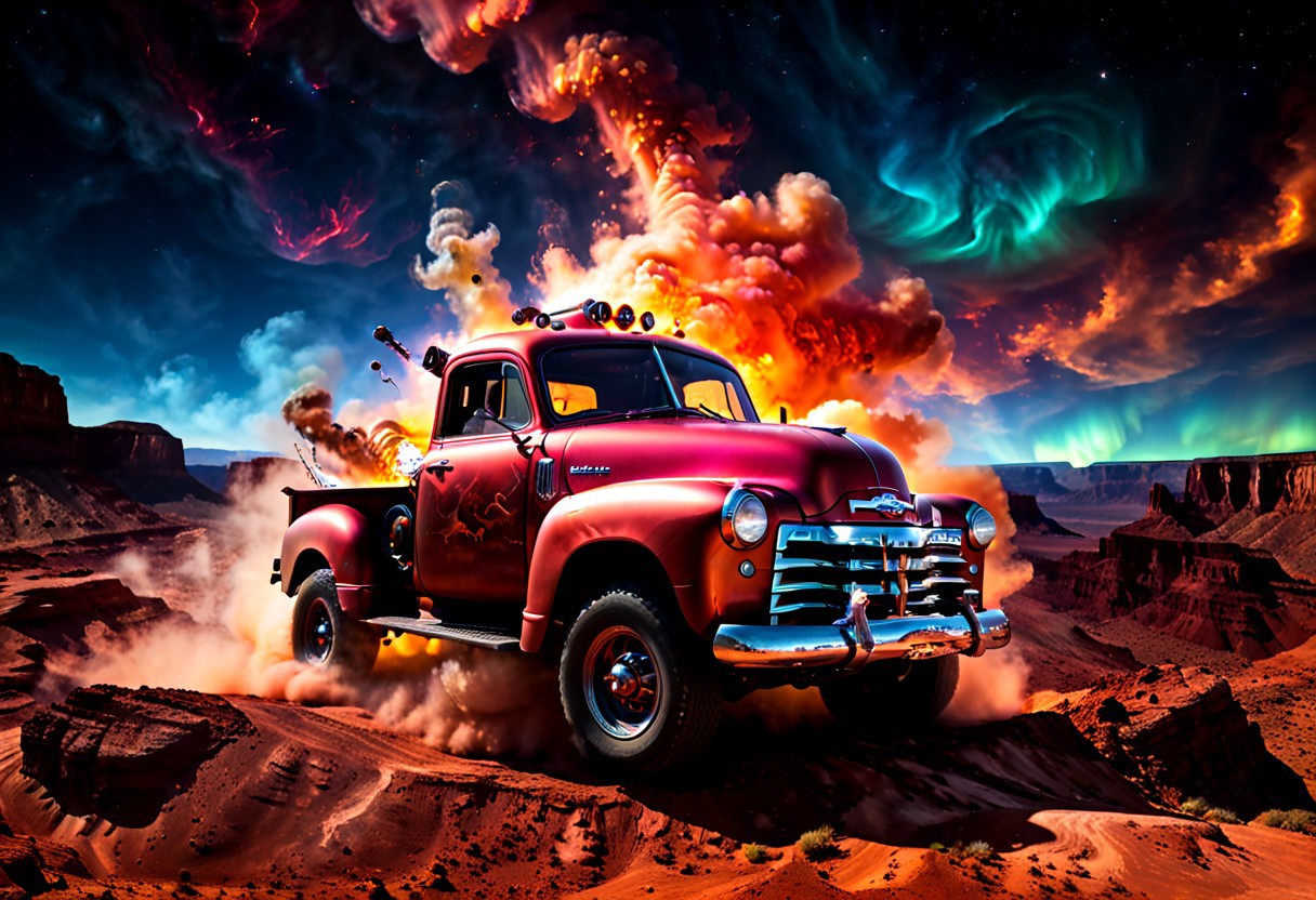 Create a 3d digital ink Aerial Photograph of a lifted Steam punk 1950 Chevy truck, with a huge engine sticking out of the hood, drifting through a canyon on Mars. The truck's smoke and fire trails are billowing behind it. The red planet's unique terrain and an electroluminescent multi- colored nebula is visible in the background, including the towering canyon walls and a vast, electroluminescent multi-colored nubula. The image is captured in 8K UHD resolution, with high-quality details such as the iridescent copper hyper detailed paint job and sharp edges visible. The photo was taken with a DSLR camera, using vibrant lighting to highlight the car's curves and contours. subtle color grading enhance the image's cinematic quality.