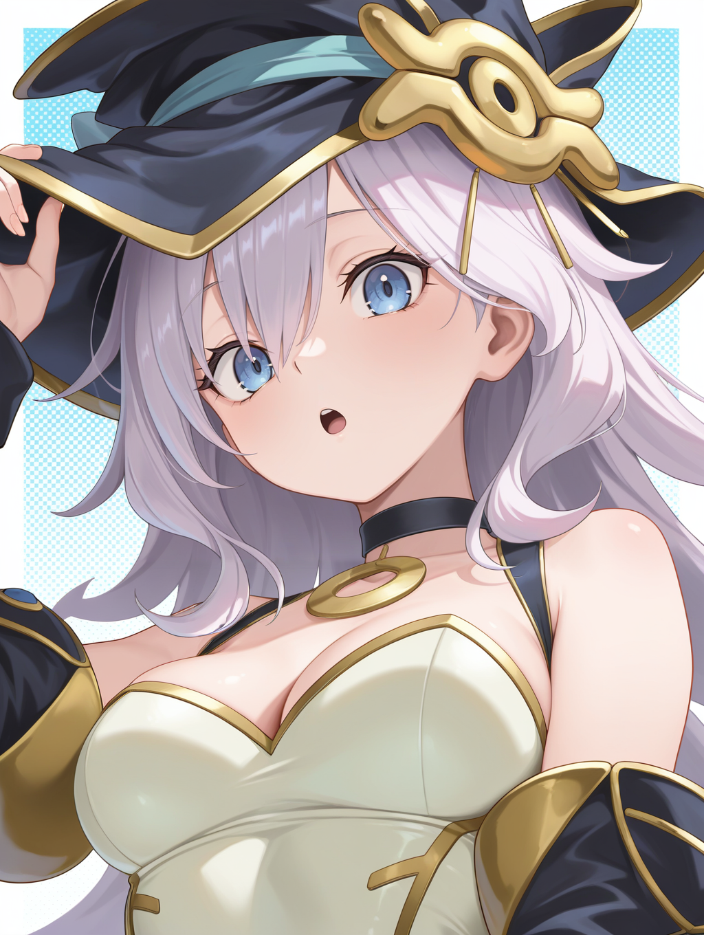 nightmare apprentice, 1girl, solo, cleavage, open mouth, looking at viewer, upper body, medium breasts, polka dot background, white leotard, black choker, black detached sleeves, black witch hat, hand on headwear, from below
masterpiece,best quality,amazing quality,very aesthetic,absurdres,newest,<lora:Nightmare Apprentice illuXL v1:0.7>,