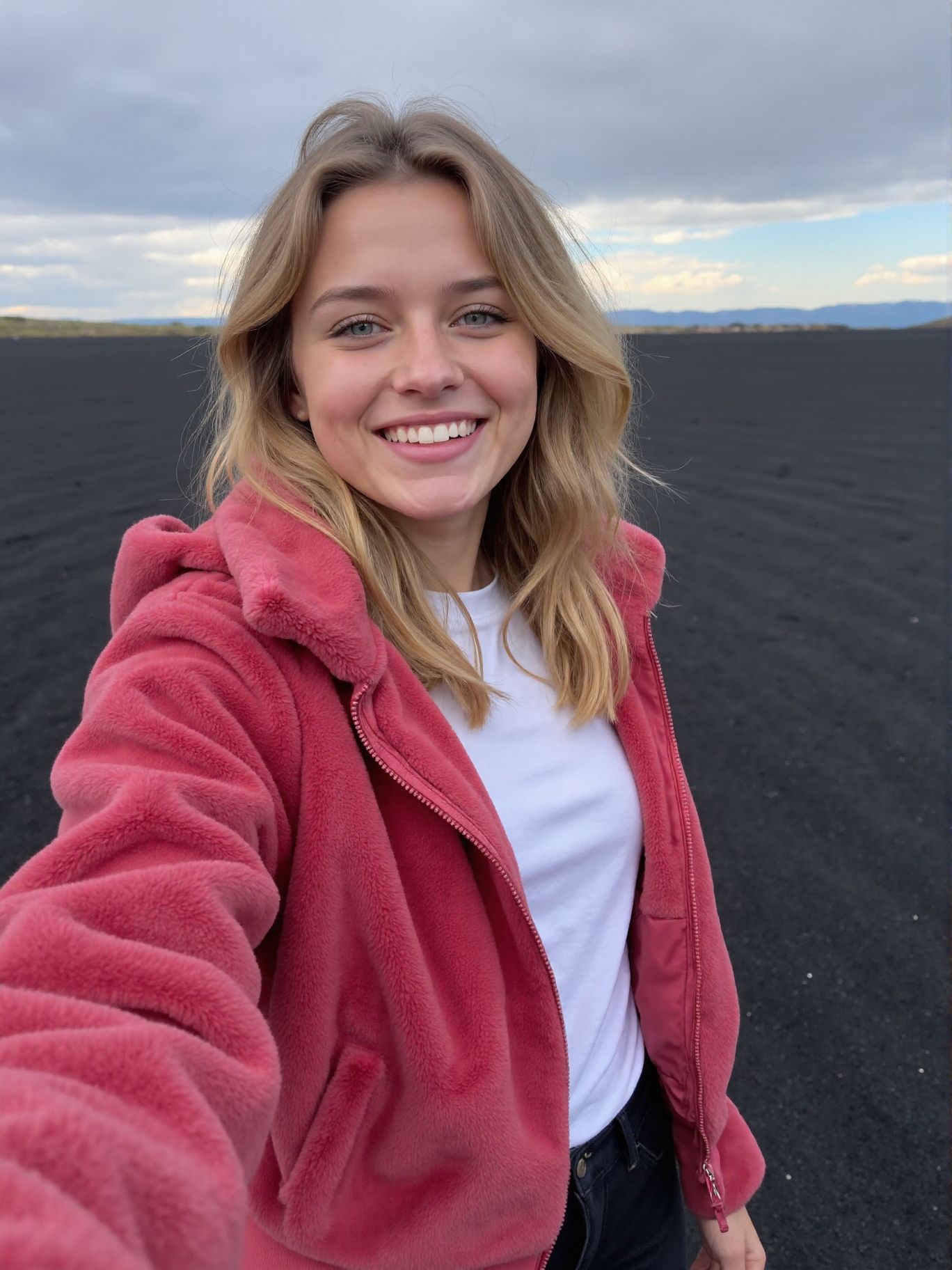 a portrait of a young swedish woman with perfect facial features and fair skin, she has beautiful messy blonde hair and bright blue eyes, she's taking a selfie and laughs, looking at the camera, she's wearing a pale red AloY0ga Jacket and a white tshirt underneath. Black jeans pants and she's standing at the bottom of a volcano, with a cold, gray sky fading into muted blues. Subtle shadows and soft lighting create a playful yet melancholic atmosphere, with soft grays, faded pastels, and hints of warm light from the setting sun.  <lora:furjacket-v1:0.6>