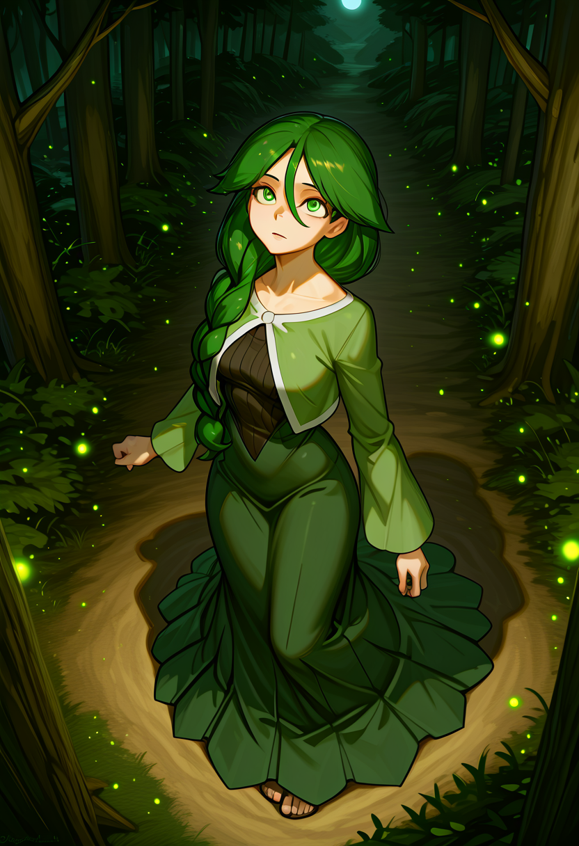 masterpiece, best quality, 1girl, solo, eyelashes, (beautiful eyes),      zzCheryl, green eyes, single braid, hair over shoulder, green jacket, long dress, forest, looking up, fireflies, moonlight, dreamlike â Standing in a quiet glade bathed in moonlight, Cheryl gazes upward as fireflies swirl around her like living stars. Her green eyes reflect the gentle glow, and her single braid rests neatly over her jacket. Her long dress flows around her feet as if part of the night itself. The forest hums with mystery, each breath of wind carrying ancient secrets.   ,<lora:CherylPokemon_IXL_v2:1.0>,
