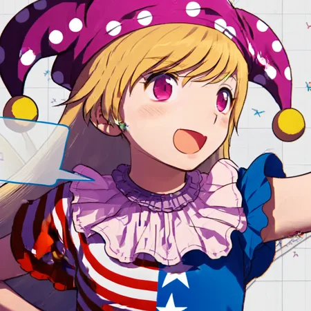clownpiece 1girl, solo, long hair, blush, smile, open mouth, bangs, blonde hair, hat, hair between eyes, upper body, short sleeves, wings, striped, pink eyes, star (symbol), arm up, polka dot, fairy wings, star print, purple headwear, jester cap, american flag dress, neck ruff, clownpiece <lora:Gumi-000064:1>