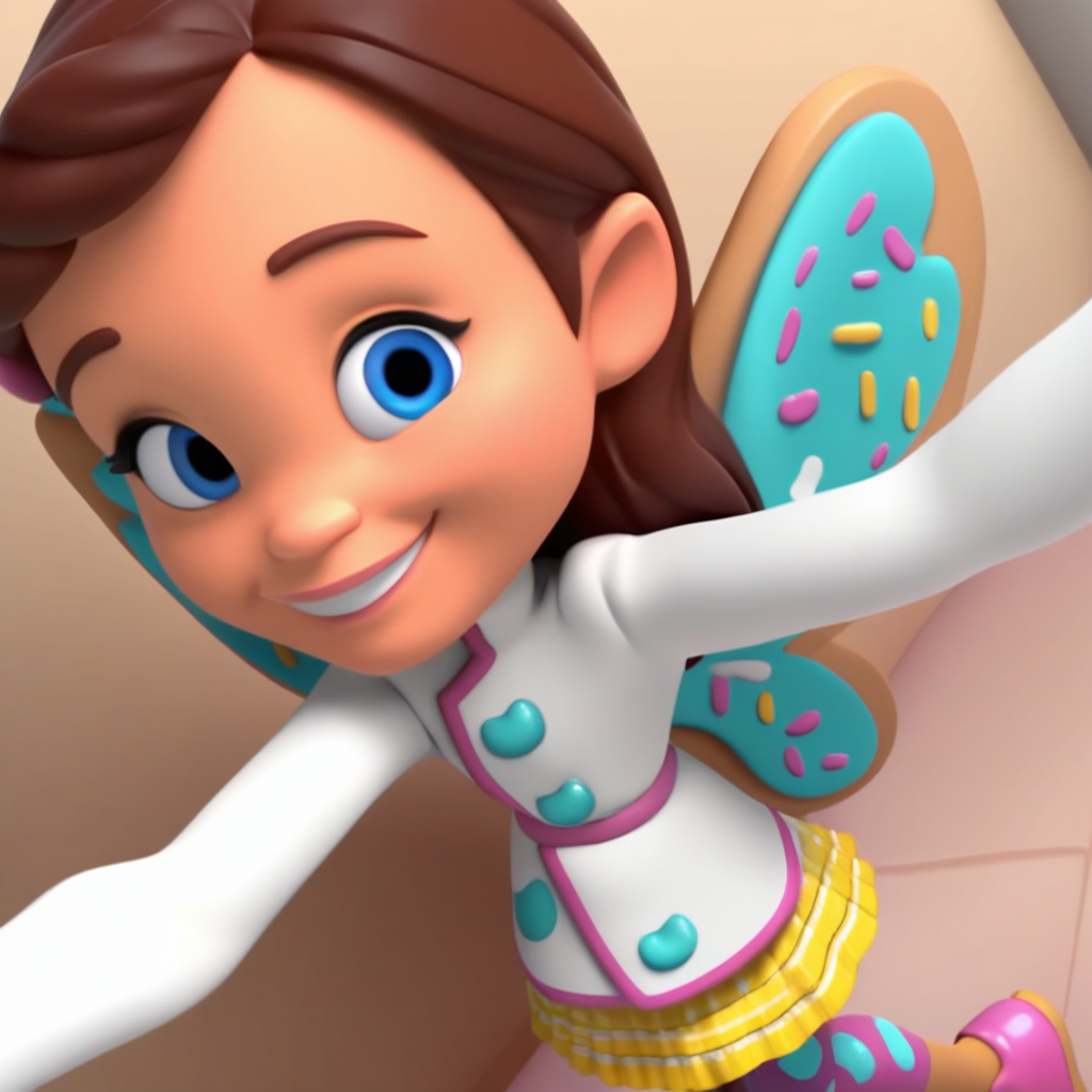 score_9, solo, bb_cf, brown hair, blue eyes, wings, chef coat, skirt, pantyhose, selfie, from above, smile