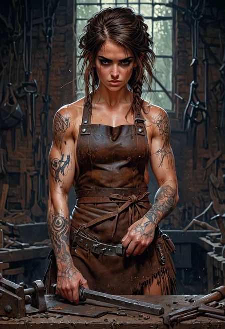 1girl, (solo:1.1), woman, blacksmith, black hearts, brown hair, long hair, tied hair, cleavage, blush, leather apron, focused, hammer and anvil, tool belt, forge background, tattoos, perfect anatomy, approaching perfection, dynamic, highly detailed, smooth, sharp focus, art by Carne Griffiths and Wadim Kashin, trending on artstation, sharp focus, intricate details, highly detailed, by greg rutkowski, mysterious, epic, cinematic, digital art, 4k,   <lora:EpicF4nta5yXL:1>