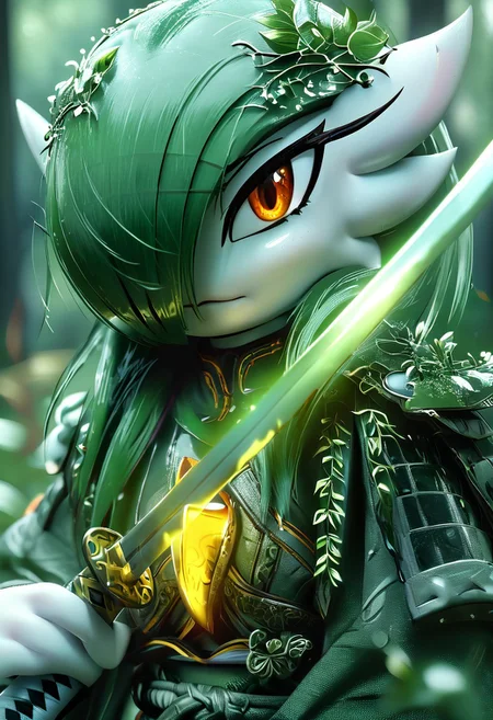 (((gardevoir))), female, anthro, masterpiece, ultimate detailed, tiny finnest details,
rilex lenov artstyle, Fierce japanese gardevoir warrior is holding a reflective shiny (katana:1.3), (the light is reflected in the katana blade:1.6),, looking at viewer, close-up, torso, detailed face, detailed blade, close-up shot