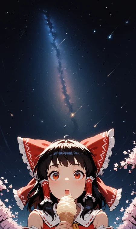 1girl, solo, hakurei_reimu, holding ice cream cone, :o; facing viewer, looking up, starry sky, night sky, milky way, shooting stars, cherry blossoms, upper body, straight-on, masterpiece, best quality, very aesthetic, absurdres