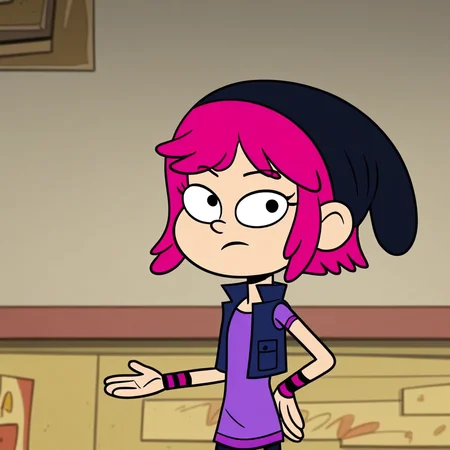 score_9, masterpiece, 1girl, Solo, female focus, Pauline_AP, light skin, black eyes, bright pink hair, short hair, black beanie hat, purple t-shirt, pink-black wristbands, sleeveless dark blue vest, tight black pants, black boots, big eyes, cute, medium stature, standing, cowboy shot, room background, looking at viewer, perfect eyes, detailed eyes