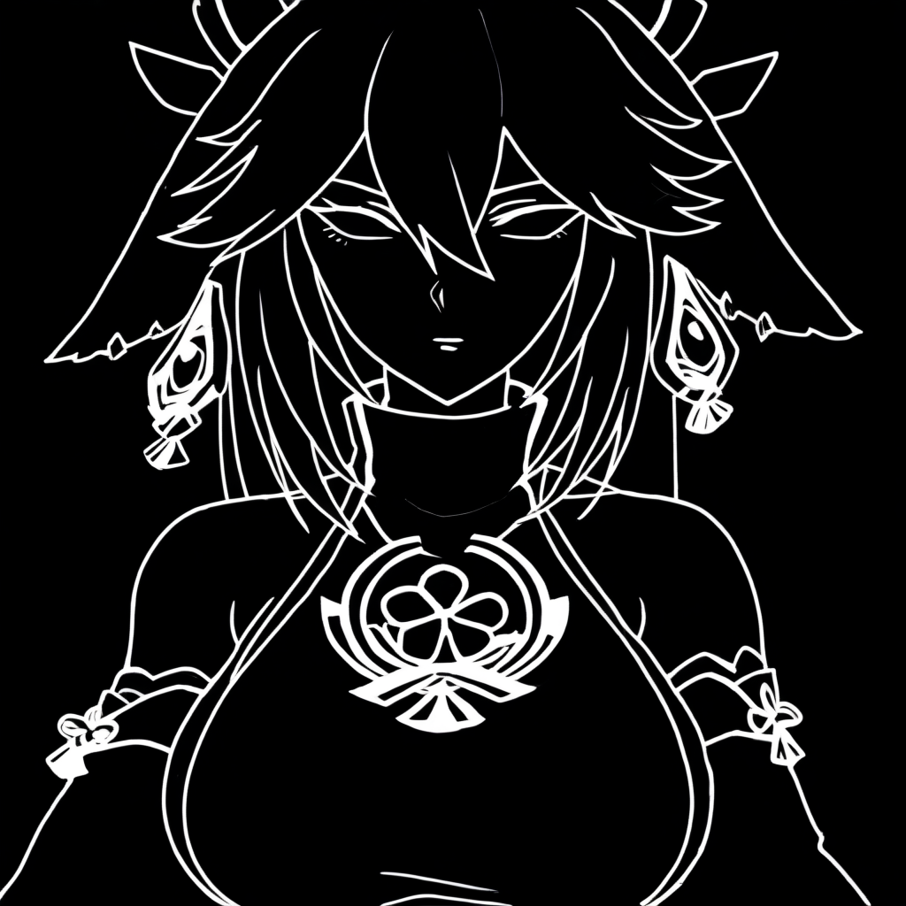 blwlinart, monochrome, greyscale, black background, outline, high contrast, <lora:black_white_potrait_lineart:1.4>  <lora:YaeMiko_illusXLNoobAI_Incrs_v1:1> animal ears, floppy ears, hair between eyes, large breasts, hair ornament, earrings, jewelry, sidelocks, japanese clothes, nontraditional miko, turtleneck, flower knot, floral print, bare shoulders, sleeveless shirt, sideboob, wide sleeves, long sleeves, detached sleeves, tassel
