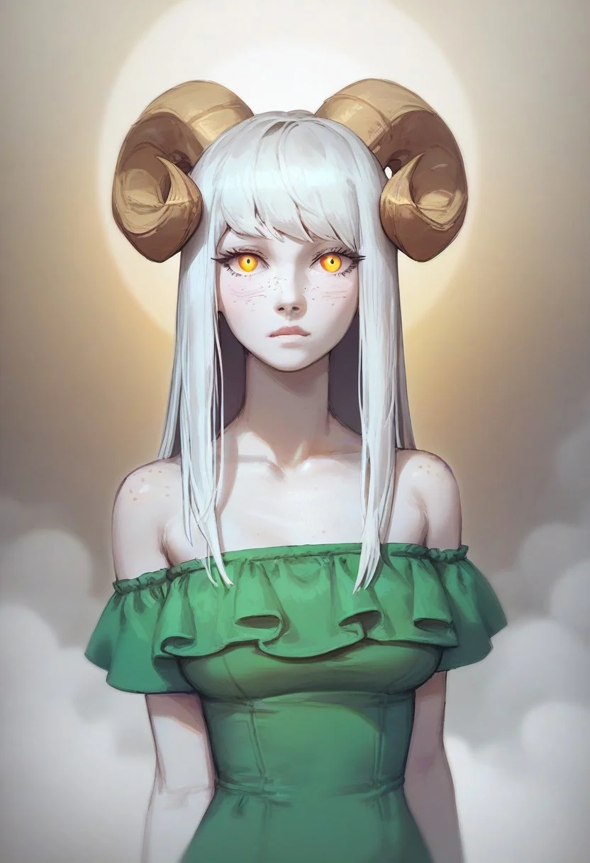 score_9, score_8_up, score_7_up, beautyfull color, aesthetic, 1girl, solo, twisted ram's horns, freckles, white hair, long bangs, golden eyes, vertical pupils, pale skin, green dress, BREAK medium shot, detailed background