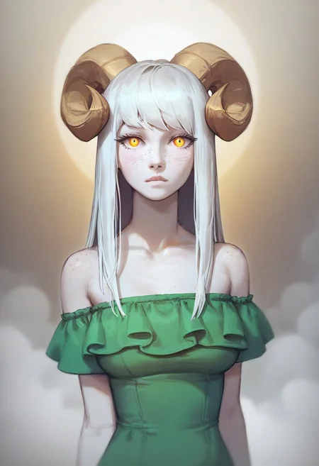 score_9, score_8_up, score_7_up, beautyfull color, aesthetic, 1girl, solo, twisted ram's horns, freckles, white hair, long bangs, golden eyes, vertical pupils, pale skin, green dress, BREAK medium shot, detailed background