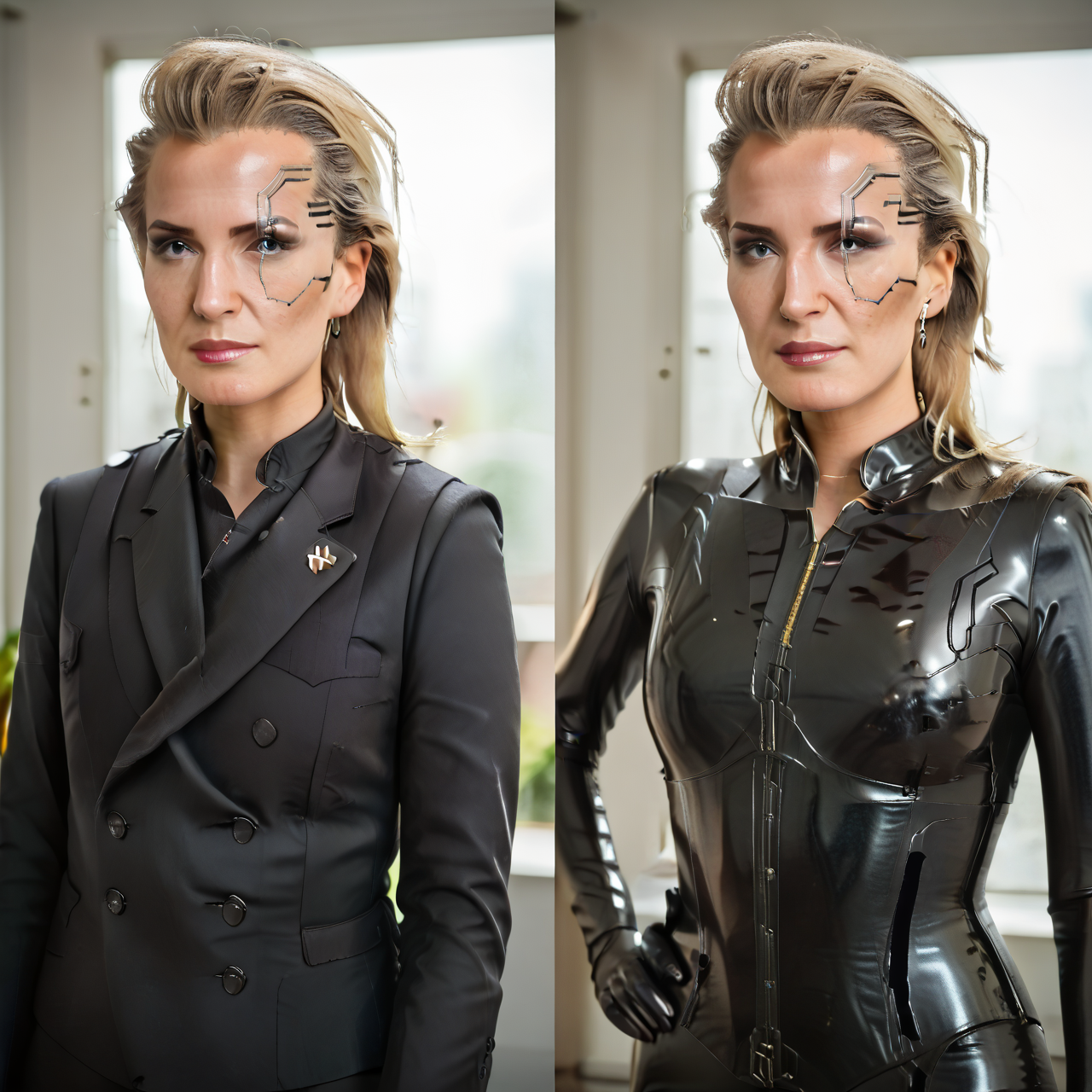 masterpiece,best quality, highly detailed, score_9, score_8_up, score_7_up, score_6_up, <lora:beforeAndAfterLatex:1>, before and after, 
BREAK
<lora:meredithPony:1.0>
 meredithstout, , black latex catsuit,