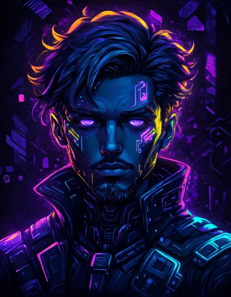 novuschroma80 style cyberpunk man cubism blacklight art <lora:novuschroma80 style:1>