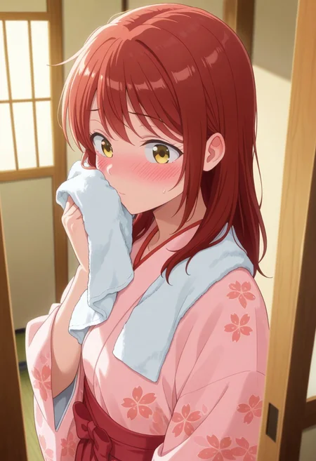 masterpiece,best quality,amazing quality, mitsuya yui, red hair, yellow eyes, long hair, 1girl, solo, towel, blush, japanese clothes, kimono, indoors