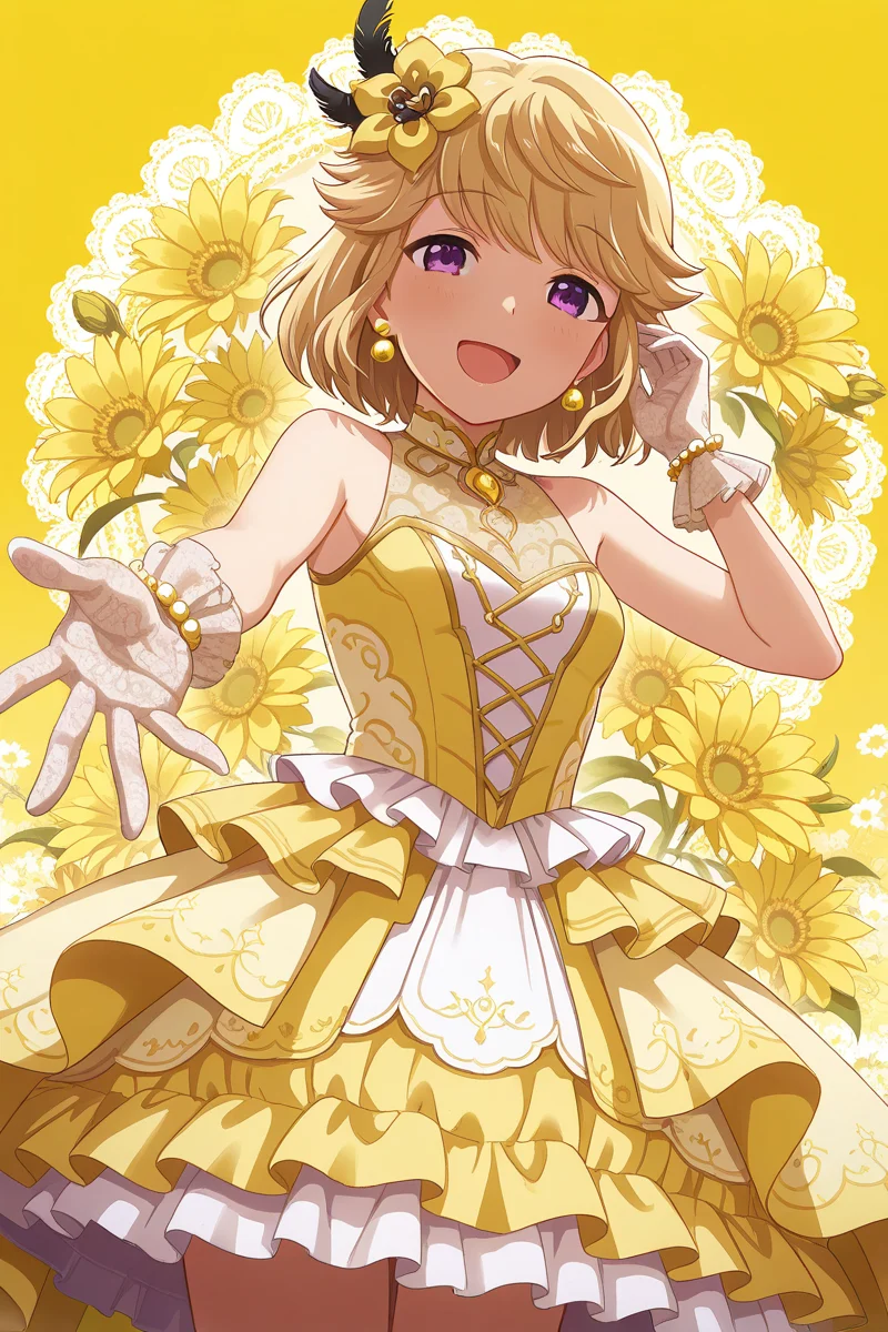 masterpiece, best quality, amazing quality,
<lora:Ryoko_IL:1> ryoko, 1girl, dress, gloves, solo, flower, layered dress, purple eyes, hair ornament, yellow flower, yellow dress, yellow theme, open mouth, smile, jewelry, looking at viewer, blonde hair, bangs, yellow background, earrings, floral background, sleeveless, :d, white gloves, frills, lace gloves