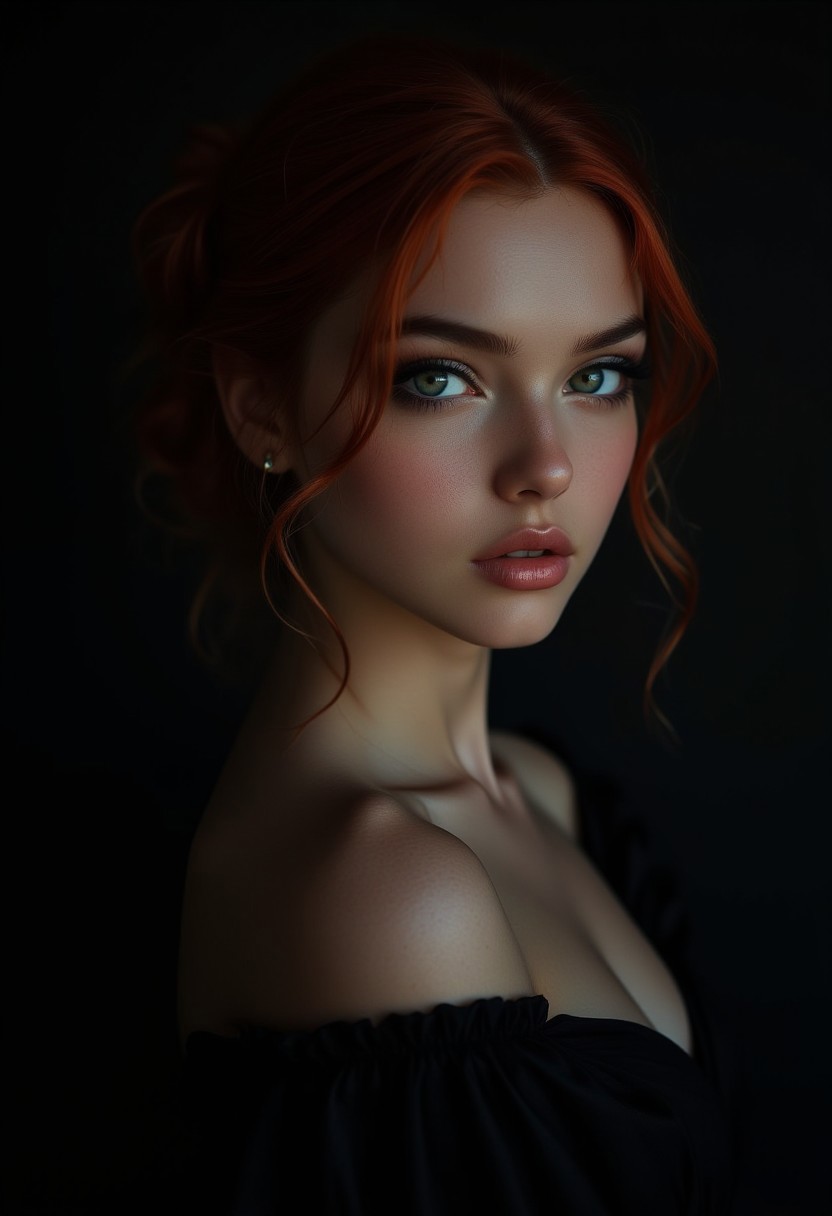 a cute woman, green eyes, red hair, elegant updo, soft lighting, contemplative expression, dark background, subtle makeup, high-resolution, detailed texture, emotional depth, dramatic mood, classic black dress, side profile, serene atmosphere, cinematic lighting. (dark theme:0.9), soothing tones, muted colors, high contrast, (natural skin texture, hyperrealism, soft light, sharp)
