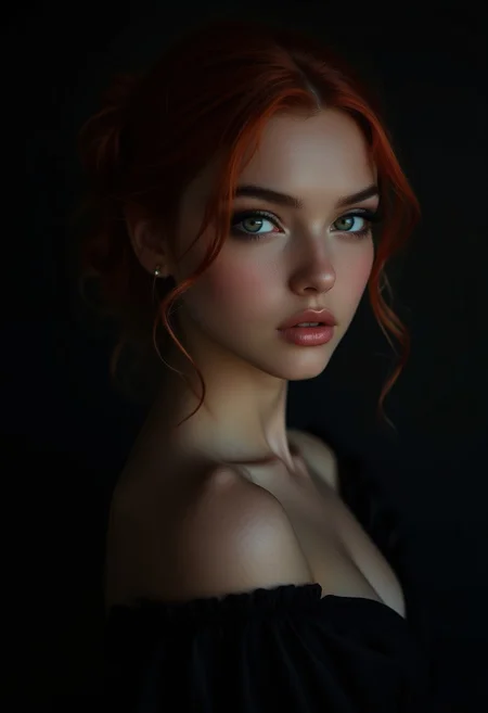 a cute woman, green eyes, red hair, elegant updo, soft lighting, contemplative expression, dark background, subtle makeup, high-resolution, detailed texture, emotional depth, dramatic mood, classic black dress, side profile, serene atmosphere, cinematic lighting. (dark theme:0.9), soothing tones, muted colors, high contrast, (natural skin texture, hyperrealism, soft light, sharp)