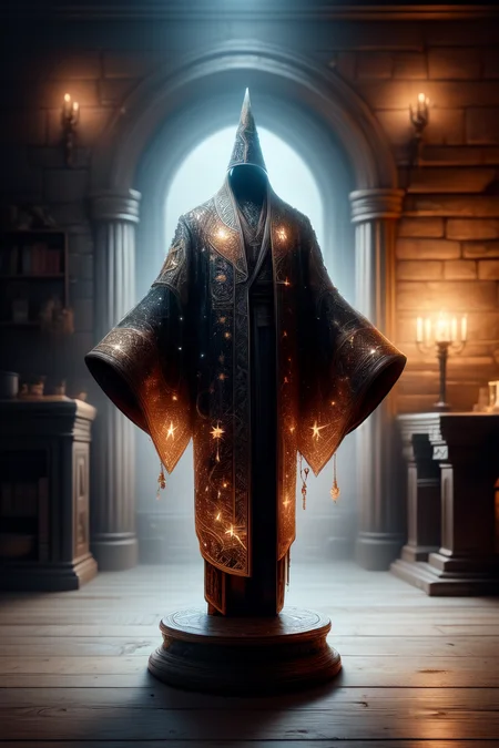 a wizard robe floating over a pedestal, masterpiece, best quality, hdr, 8k, dynamic pose, <lora:Mild detail adjusterV10:0.7>, <lora:more_details:0.3>,   <lora:wizardrope:0.6> Wizardrope <lora:typography-astrology-style-darquelilly-v1:0.7> typologyastrologystyle, prize at the end of the dungeon