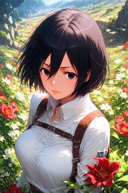 score_9, score_8_up, score_7_up, score_6_up, score_5_up, score_4_up, anime ,<lora:add-detail-xl:1.2>, <lora:xl_more_art-full_v1:1.2> BREAK, <lora:Expressive_H:0.8>  ,dungeon, <lora:mikasa ackerman-PonyXL:0.8> mikasa ackerman, black eyes, black hair, short hair, , <lora:lily_style_xl:0.8> (flower:1.6), field of flowers, red lilies, relaxed pose