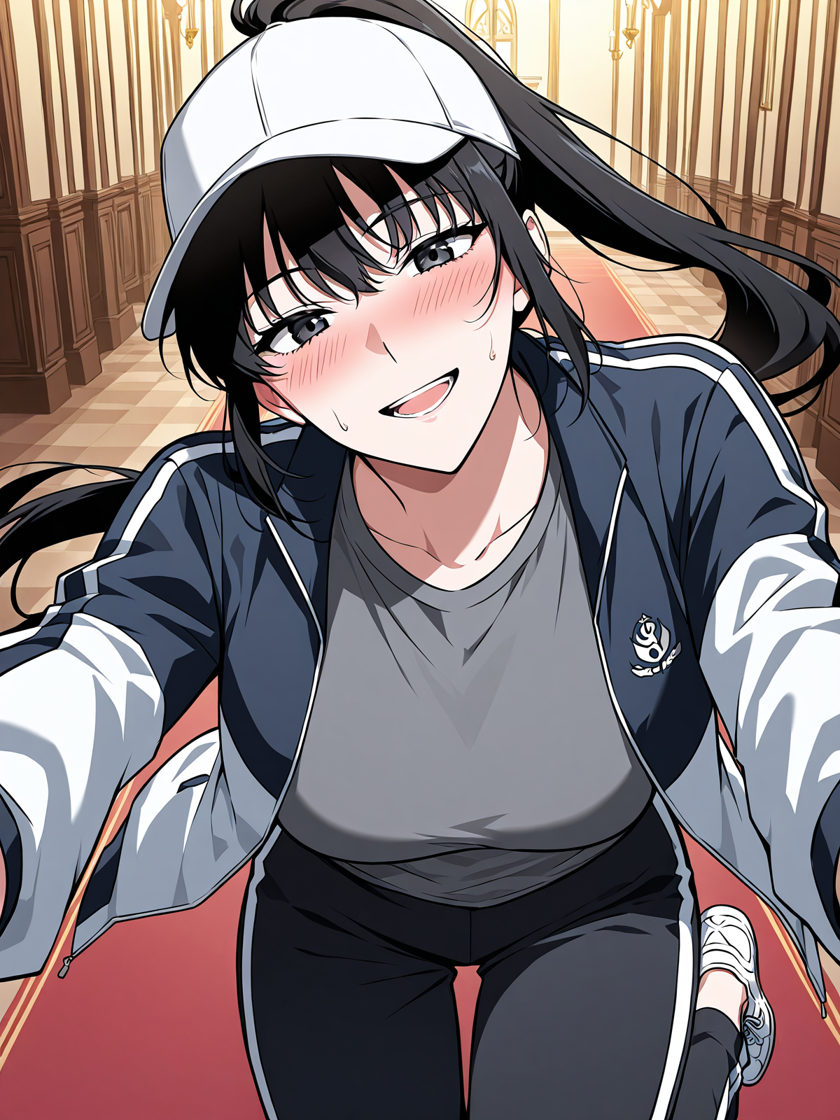 <lora:Omniscient_Readers_Viewpoint__Lee_Jihye:1>
1girl, solo, long hair, black hair, tied hair, high ponytail, black eyes, messy bangs, 
white baseball cap, white and navy jacket, gray t-shirt, black track pants, white stripe pants, black fingerless gloves, white sneakers, sporty outfit,
score_9, score_8_up, score_7_up, score_6_up, source_anime, rating_explicit, 1girl, solo, smile, embarrassed, alcalose eyes, open mouth, mansion, indoors, looking at viewer, outstretched arms, pov, close-up, (head tilt:1.2)