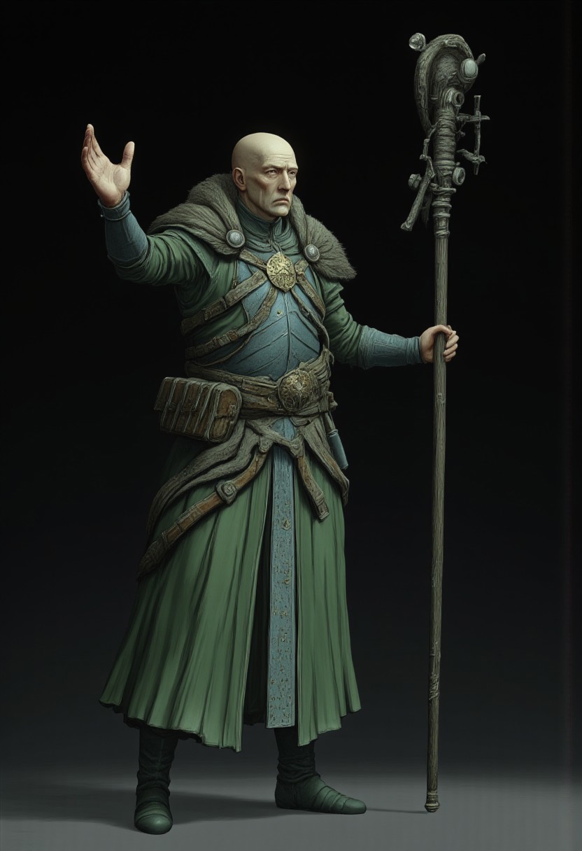 Standing in a hyper stanced extended action pose
a meddle aged bald medieval sorcerer mage wearing a green tunic and a wizards staff made out of wood zbrush
Set against a solid dark black color background to emphasize its unsettling unnatural form that emphasizes its silhouette. The medium is not a traditional painting or illustrative medium like watercolor or ink but rather a digital 3D rendering.
MikeFranchinastyle, d4artstyle, d4concept, , bbstyle,, horror theme,, zbrush, ZBClay model of a gray sculpture, 1990's, 1990's style