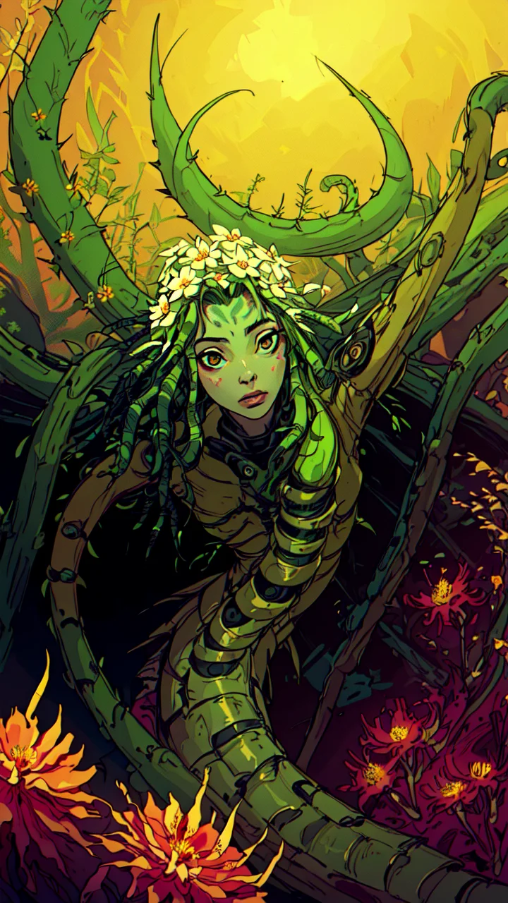 ((human/plant hybrid))), ((best quality)),((masterpiece)), ((realistic)), (detailed), photorealism:1:1, hyper-realistic, 4k, hdr, luscious lips, (cinematic, hyperdetailed, (((plant creature))), (((tentacles))), stalks, (((flower buds))), thorns, cyborg, futuristic robot, battle angel, hard lighting, beauty, vibrant colors, moss, green skin,rich vegetation)1, absurdres, _stardeaf-greenmageddon_<lora:seeThroughSwimsuitAnd_seeThroughSwimsuitV1:1.0>