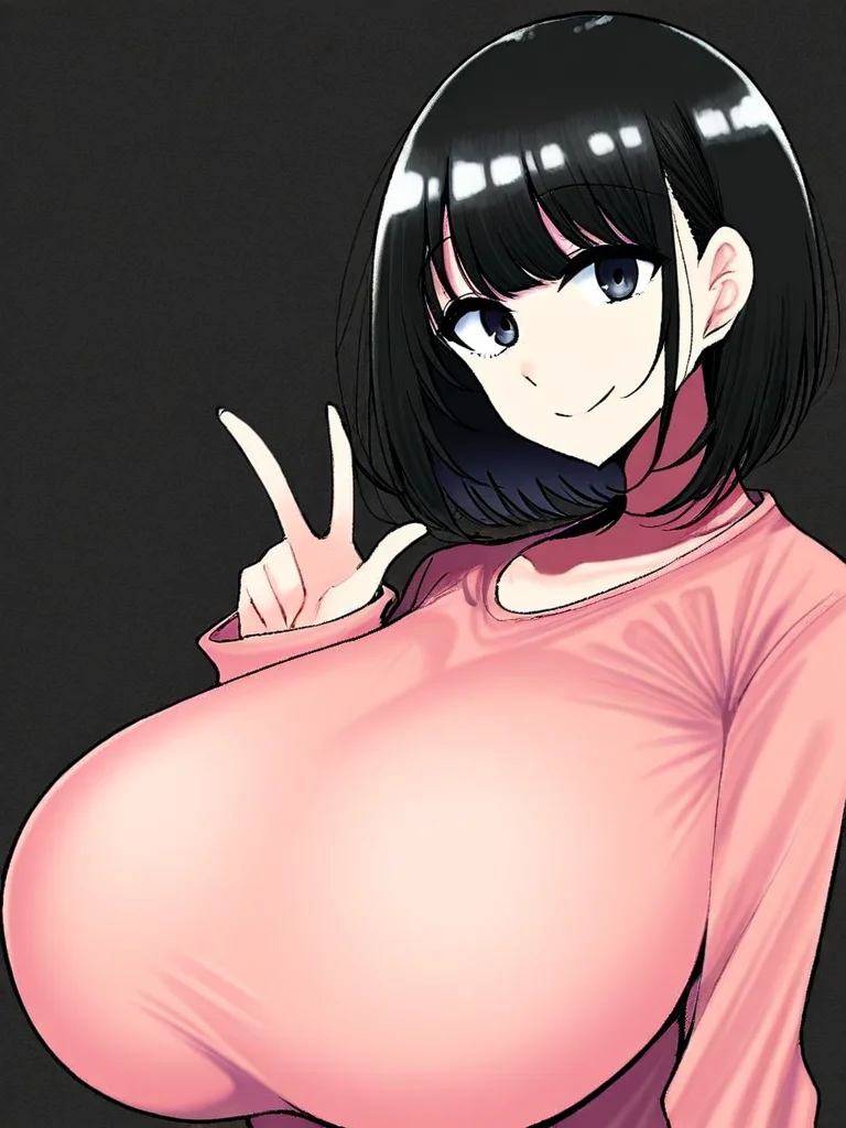 score_9, score_8_up, score_7_up,
1girl, black hair, medium hair, huge breasts, pink t-shirt, long sleeves, face, smile, looking at viewer, black background,
solo, simple background,