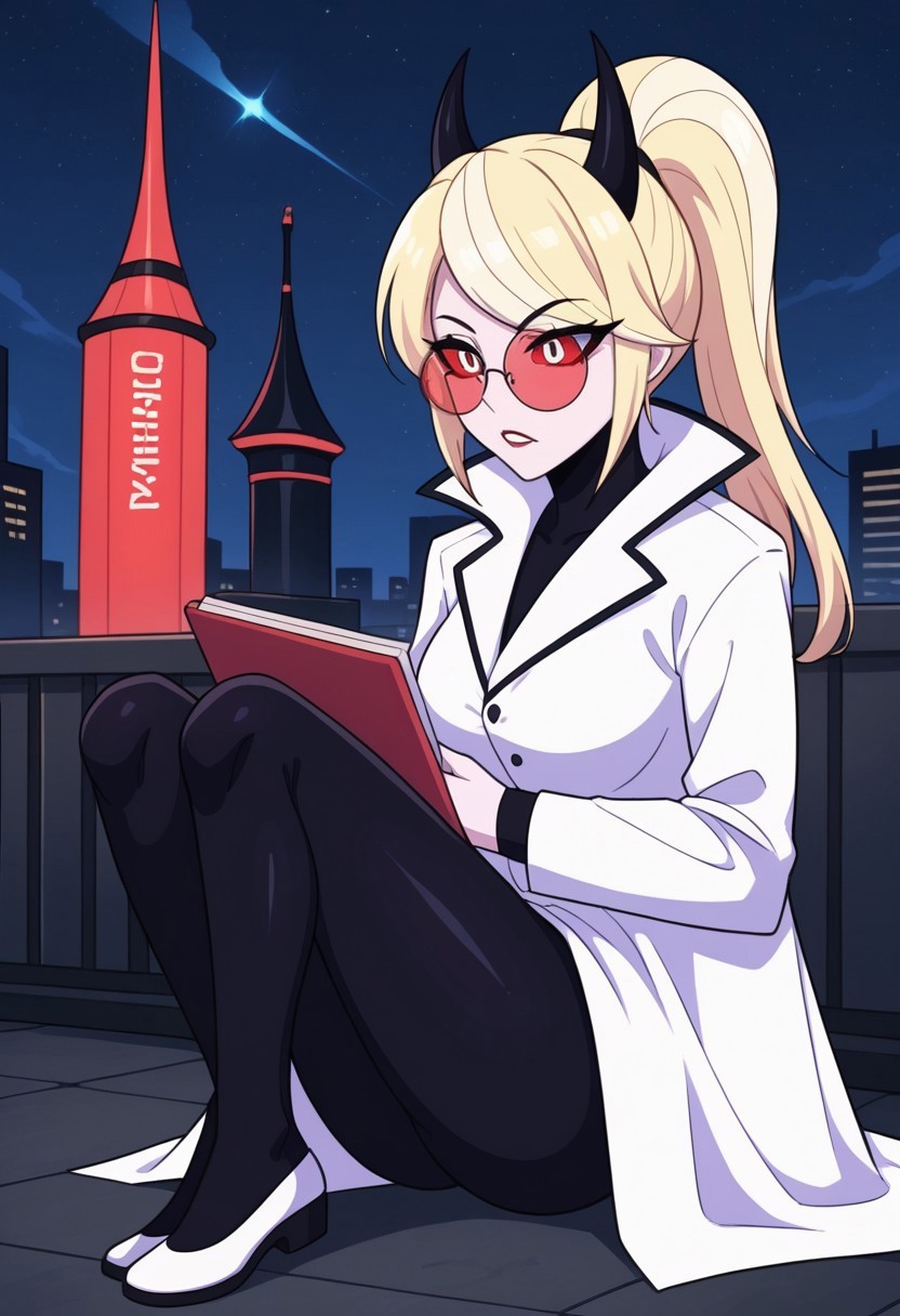 score_9, score_8_up, score_7_up,
masterpiece, best quality, detailed, amazing quality,
detailed background, city, night,
detailed eyes, clean eyes, 
dynamic pose, full body,
solo, 1woman, woman,
easynegative,
0d3tt3_c4rm1n3, blonde hair, white skin, red white eyes, horns, high ponytail,
notebook, pen, writing, lab coat,
red round glasses
