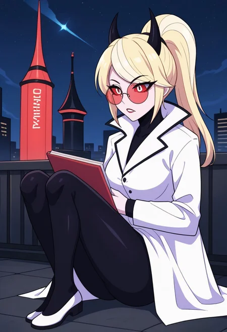 score_9, score_8_up, score_7_up,
masterpiece, best quality, detailed, amazing quality,
detailed background, city, night,
detailed eyes, clean eyes,
dynamic pose, full body,
solo, 1woman, woman,
easynegative,
0d3tt3_c4rm1n3, blonde hair, white skin, red white eyes, horns, high ponytail,
notebook, pen, writing, lab coat,
red round glasses