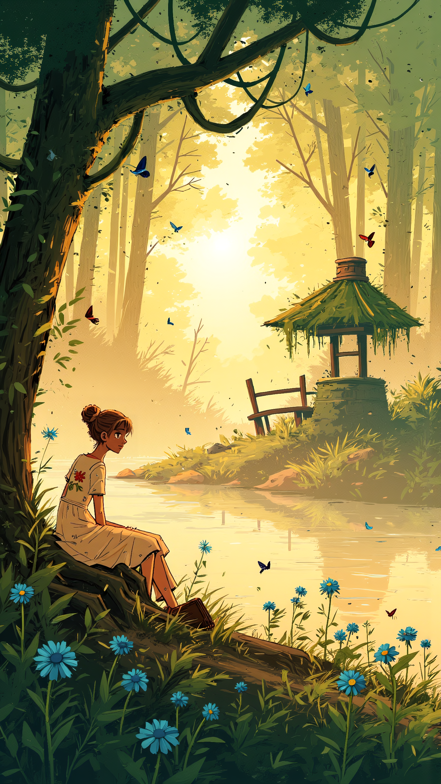 style of alex vede, High-resolution anime-style illustration with painterly textures and soft outlines, blending warm earth tones and soft, golden highlights. A young woman stands in a tranquil forest clearing, bathed in the gentle light of the late afternoon sun filtering through the towering oak trees. Her chestnut-brown hair is styled into soft braided buns, a few loose strands catching the light as she gazes ahead with warm, loving eyes. She wears a flowing, cream-colored sundress with delicate floral embroidery, the fabric catching in the breeze as she is sitting on a three root. Around her, wildflowers bloom in soft blues and yellows, butterflies drift lazily through the air, and a moss-covered wooden bench sits beneath an ancient tree, its gnarled roots weaving into the earth. In the distance, an old stone well, partially hidden by vines, glows softly under the golden light, adding a touch of forgotten magic to the scene. Nearby, a small wooden bridge arches over a babbling brook, its water shimmering with reflected sunlight. The impressionistic background blends deep greens, golden rays, and soft pastels, creating a dreamy, romantic atmosphere filled with quiet wonder <lora:Oil_Painting_style,_textured_brush_strokes:0.5> <lora:Alex_Vede:0.8>