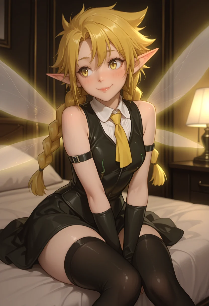 Smooth Quality,masterpiece,very intricate, high quality details, ultra realistic, high detailed skin,detailed enviorement,absurdres,
dim lighting, depth of field,eye catching, ambient occlusion, raytracing,
hotel room, bedside lamp, tie, bed, smile, sitting, inviting, ,
dynamic angle,flustered,solo,
<lora:MoriiMee_Gothic_Niji_Style_Illustrious_r1:0.9> artist:moriimee,
<lora:Ramiriscnn:0.8> ramiriscnn, 1girl, fairy, minigirl, blonde hair, yellow eyes, pointy ears, long hair, twin braids,small breasts,fairy wings, bare shoulders, zip-up vest, ,gothic blouse, ,socks over thighhighs, ,