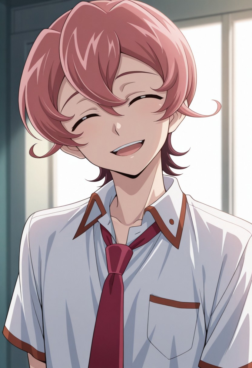 masterpiece,best quality,amazing quality, source_anime, 
MichArclight, 1boy, male focus, solo, closed eyes, pink hair, school uniform, shirt, white shirt, collared shirt, necktie, red necktie, smile, open mouth, head tilt,