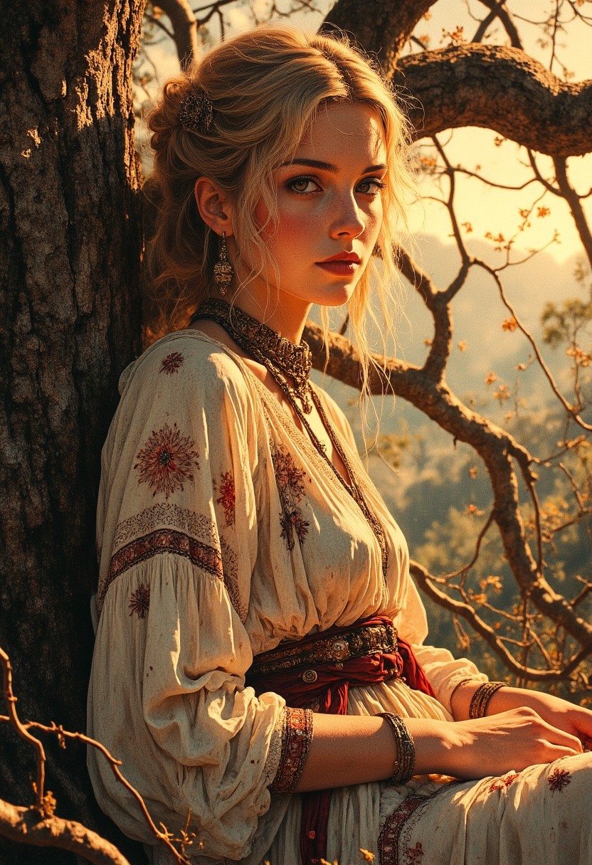 Soft, golden moonlight filters through the gnarled branches of a magnificent, ancient oak tree, illuminating a tender intimate moment of reflection, captured in a warm, Film Noir-inspired photograph, reminiscent of Orson Welles' cinematography. A petite, lithe Finnish woman with delicate features and golden blonde hair gathered loosely on top of her head, adorned with eclectic, vintage-inspired jewelry and a flowing bohemian outfit, complete with intricate lace, tassels, and delicate floral patterns that shimmer in the moon's gentle light, leans against the old oak, looking towards the camera with a slight, enigmatic smile.