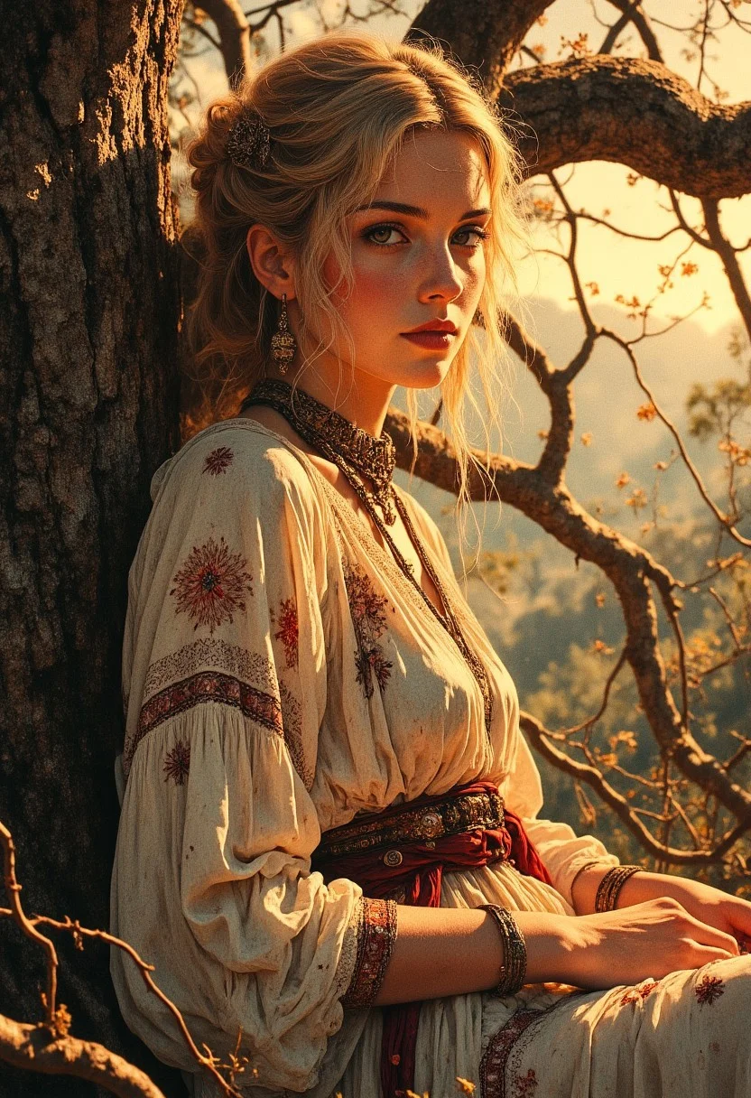 Soft, golden moonlight filters through the gnarled branches of a magnificent, ancient oak tree, illuminating a tender intimate moment of reflection, captured in a warm, Film Noir-inspired photograph, reminiscent of Orson Welles' cinematography. A petite, lithe Finnish woman with delicate features and golden blonde hair gathered loosely on top of her head, adorned with eclectic, vintage-inspired jewelry and a flowing bohemian outfit, complete with intricate lace, tassels, and delicate floral patterns that shimmer in the moon's gentle light, leans against the old oak, looking towards the camera with a slight, enigmatic smile.