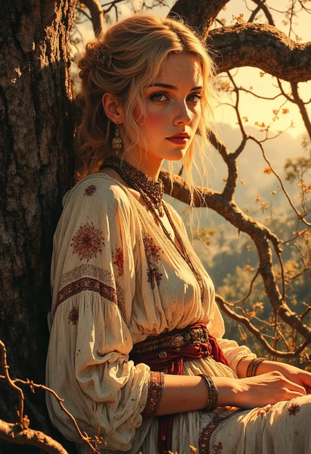 Soft, golden moonlight filters through the gnarled branches of a magnificent, ancient oak tree, illuminating a tender intimate moment of reflection, captured in a warm, Film Noir-inspired photograph, reminiscent of Orson Welles' cinematography. A petite, lithe Finnish woman with delicate features and golden blonde hair gathered loosely on top of her head, adorned with eclectic, vintage-inspired jewelry and a flowing bohemian outfit, complete with intricate lace, tassels, and delicate floral patterns that shimmer in the moon's gentle light, leans against the old oak, looking towards the camera with a slight, enigmatic smile.