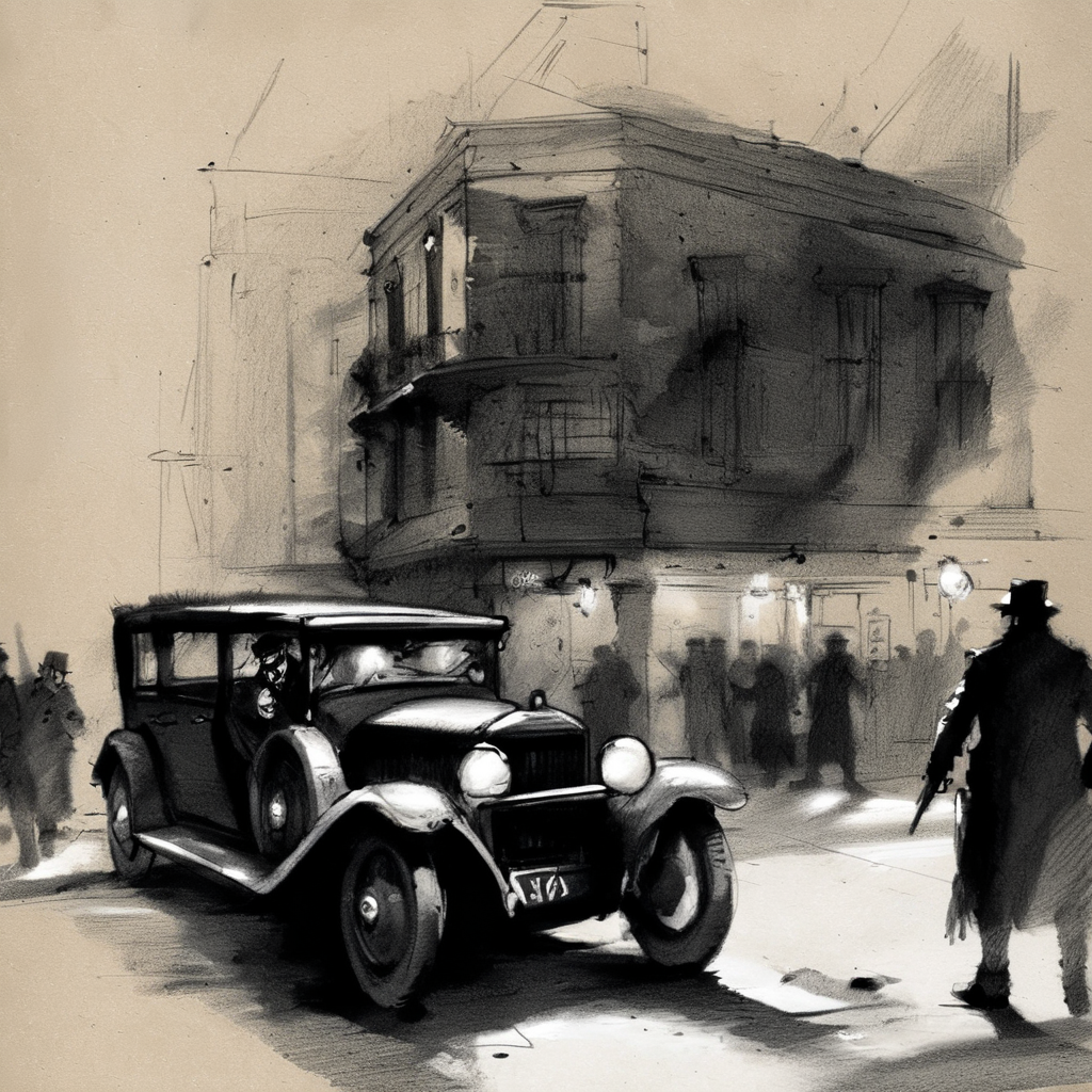 drawix8 a dark city street, execution of a gangster, 1920s architecture in the background, old car, unusual expressive shot <lora:drawix8:1>