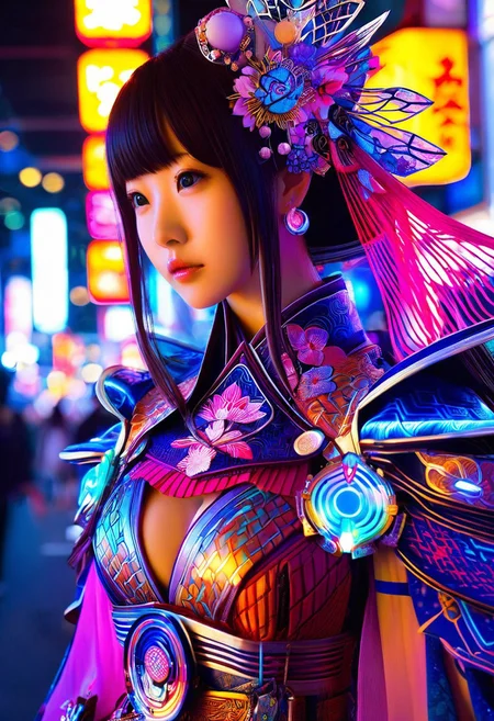 A hyper-realistic depiction of a single girl, focusing on her upper body, adorned in intricately designed fantasy clothes that blend futuristic elements with modern Japanese culture, set against a softly lit, neon-drenched Tokyo streetscape at dusk, with a shallow depth of field and a subtle lens flare, in the style of a high-fashion digital painting with vibrant, saturated colors and delicate textures, evoking a sense of dynamic energy and cultural fusion.