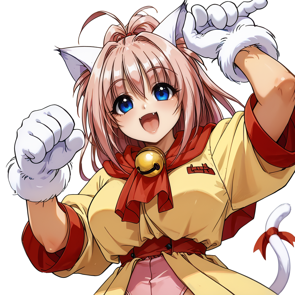 score_9, score_8_up, score_7_up,  absurdres, source_anime, 1girl, solo, beautiful eyes, detailed eyes, (white background, simple background:1.3),  from below ,  arms raised in the air, extend arms straight out ,
 Melody_Sinclair,   paw gloves, paw shoes, cat tail,  large breasts, 
smile, open mouth,  fang, highlights,
pink leotard,yellow dress,yellow skirt,red sash,red scarf,tail ribbon,neck bell,
 <lora:PerfectEyesXL:1> perfecteyes,  <lora:Melody_Sinclair_v1_rev3-000040:0.8>