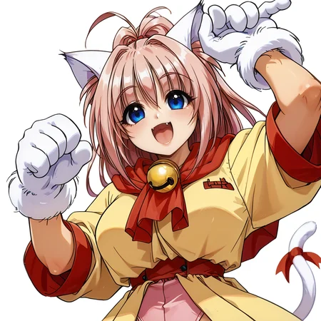 score_9, score_8_up, score_7_up, absurdres, source_anime, 1girl, solo, beautiful eyes, detailed eyes, (white background, simple background:1.3), from below , arms raised in the air, extend arms straight out ,
Melody_Sinclair, paw gloves, paw shoes, cat tail, large breasts,
smile, open mouth, fang, highlights,
pink leotard,yellow dress,yellow skirt,red sash,red scarf,tail ribbon,neck bell,
<lora:PerfectEyesXL:1> perfecteyes, <lora:Melody_Sinclair_v1_rev3-000040:0.8>
