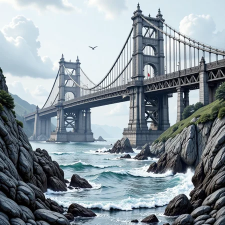 a massive bridge over the ocean, in the style of hyp3rd3tail