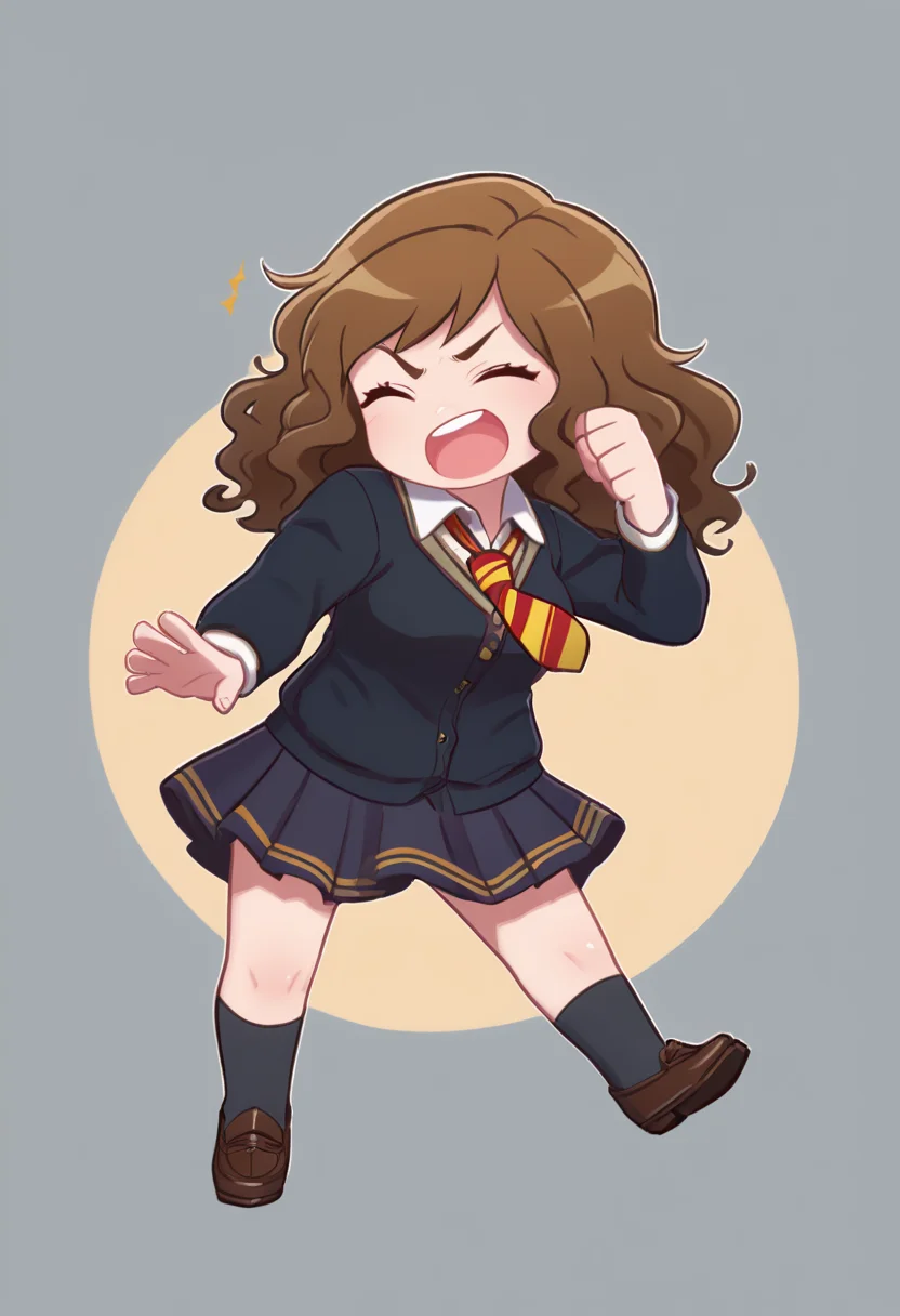 score_9, score_8_up, score_7_up, score_6_up, score_5_up, score_4_up, BREAK,
1girl, chibi, hermione granger, cheering, brown hair, wavy hair,
hogwarts school uniform, black robe,