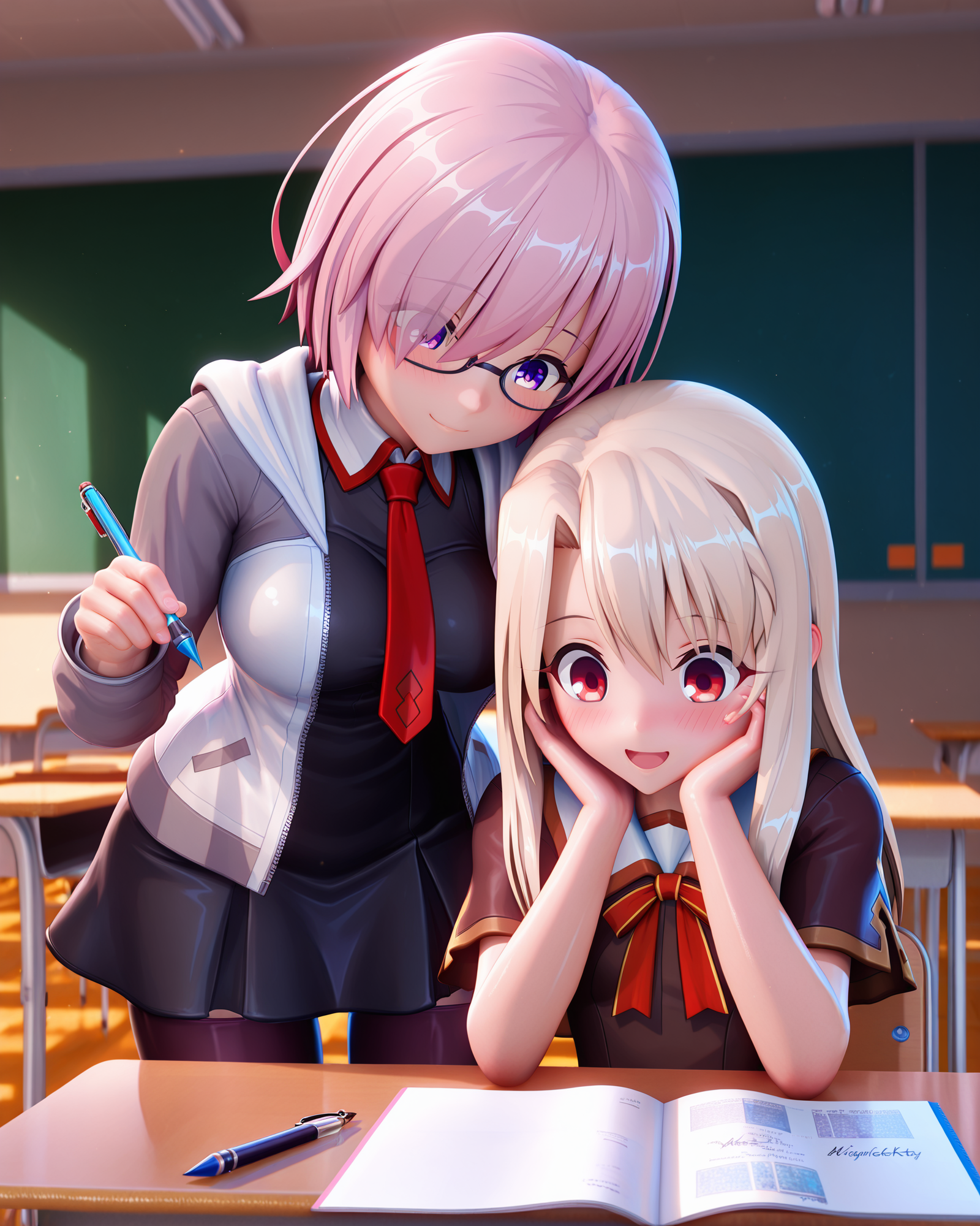 (masterpiece, best quality, very aesthetic),absurdres,aesthetic,detailed,beautiful color,amazing quality,newest,   <lora:Illya_pony_v2:0.3>, <lora:MashKyrielightV2Pdxl_Dwnsty:0.3> ,<lora:Eyes_High_Definition:0.6> EyesHD,<lora:vicinekosty:0.8>,vicinekosty,3d,(2girls:1.3), shiny skin, blush, sitting, on chair, sitting next to each other, indoors, classroom, school desk, homework, notebook, textbook, size difference, 
2girls, mash kyrielight, pink hair, purple eyes, black-framed eyewear,  white jacket, black dress, red necktie, pantyhose, light smile, pointing down, looking down, 
2girls, illyasviel von einzbern, white hair, red eyes, homurabara academy school uniform, thighhighs, happy, smile, open mouth, hand on own cheek, looking down, holding pen,